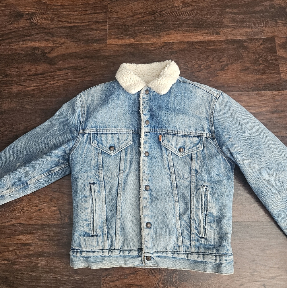 Vintage Levi's Sherpa Lined Denim Trucker Jacket Size 40 70s Orange Tab USA